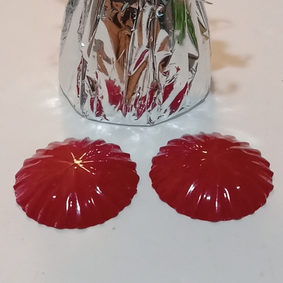Red Dome Shaped Clip On Earrings Round Ridged Metal - Picture 1 of 3